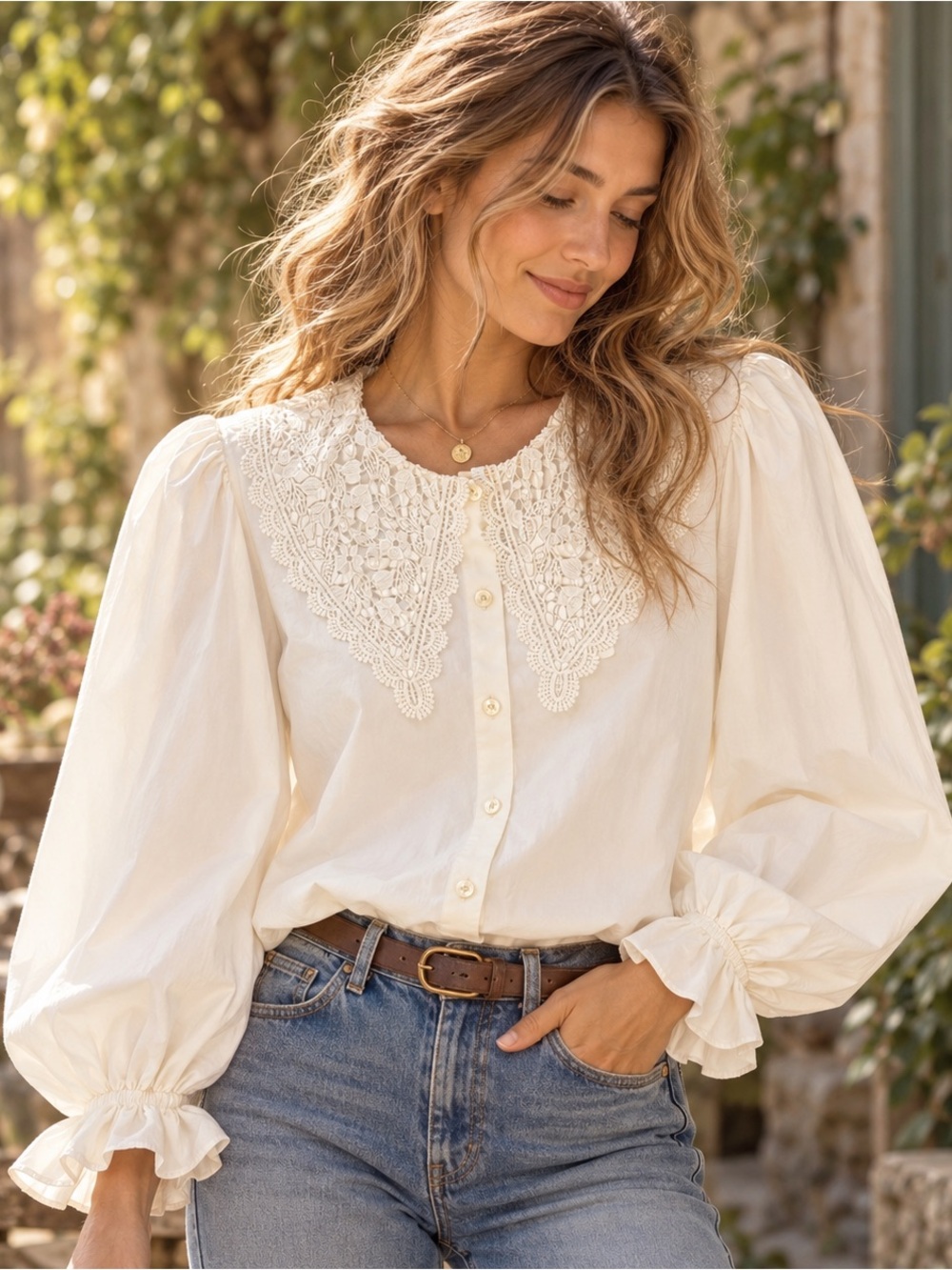 Ted Baker London Blouse Idalia Lace Shirt Top Scallop White Button Sz 4 = 10 M/L